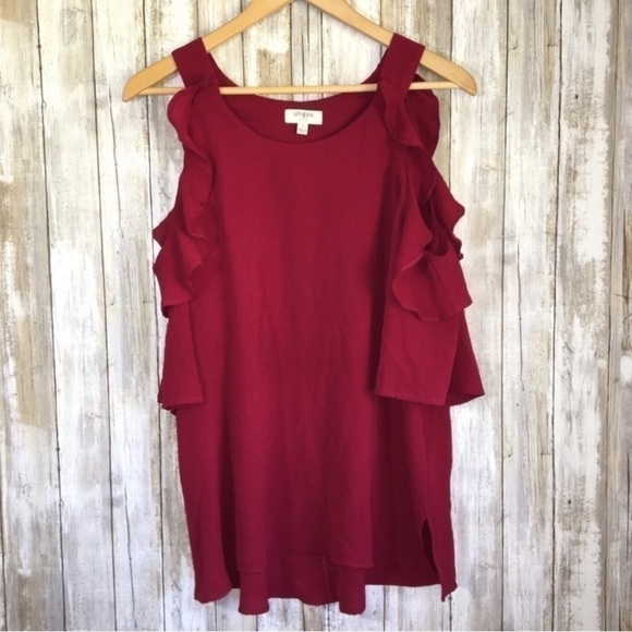 Umgee Red Ruffle Sleeve Open Shoulder Blouse - Picture 1 of 4